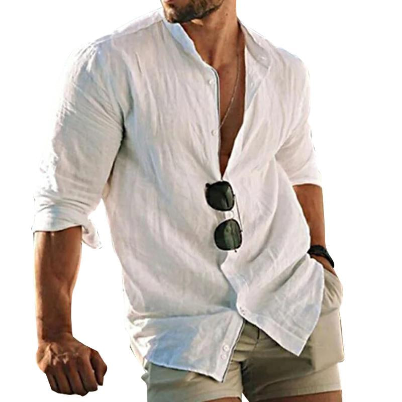 Herren Leinenhemd Langarm Knöpfe Leicht Beige - Norvielle