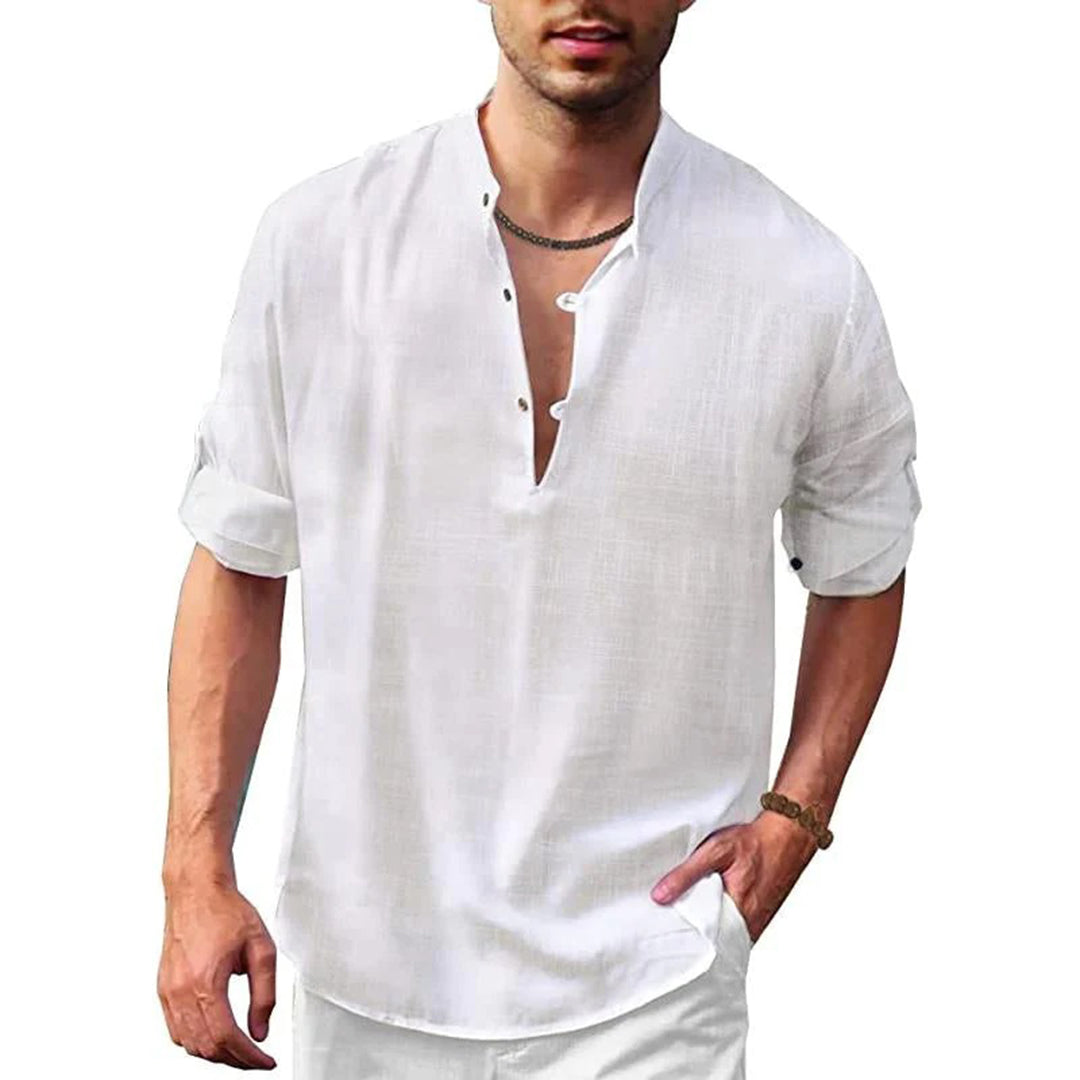Herren Leinenhemd Leichtes Sommerhemd V-Ausschnitt Beige - Norvielle