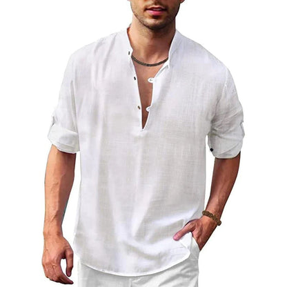 Herren Leinenhemd Leichtes Sommerhemd V-Ausschnitt Beige - Norvielle