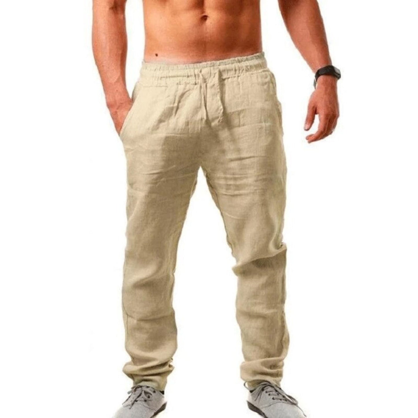 Leinenhosen | Kordelzug | Atmungsaktiv | Elastische Taille Hose | Herren Sommerhosen-Dunkel Khaki-S-Chaps Herrenmode