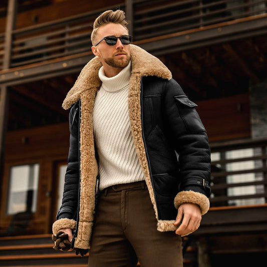 Norvielle Herren Pilotenjacke Imitationsschafsfell Futter Schwarz - Norvielle