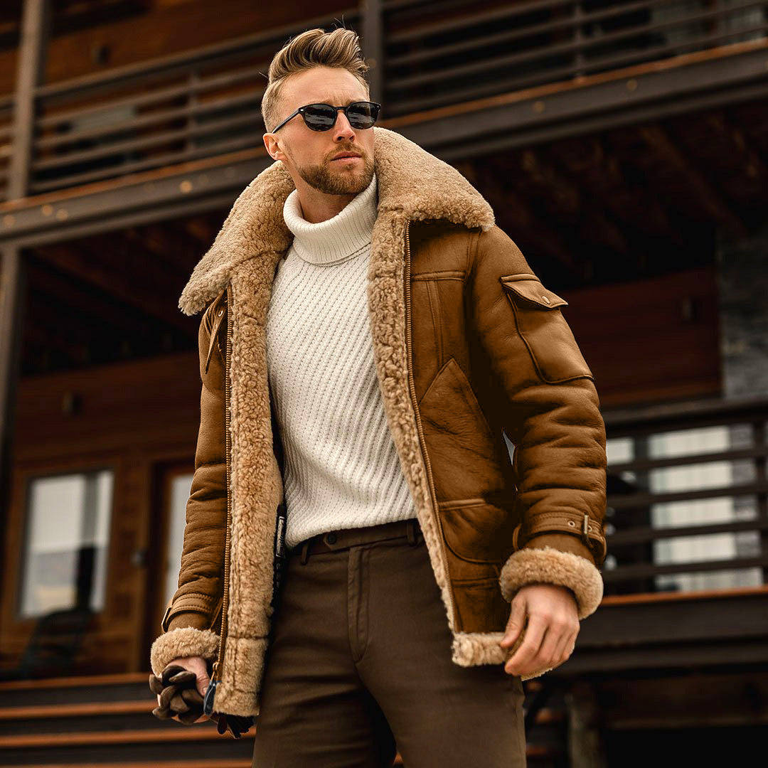 Norvielle Herren Pilotenjacke Imitationsschafsfell Futter