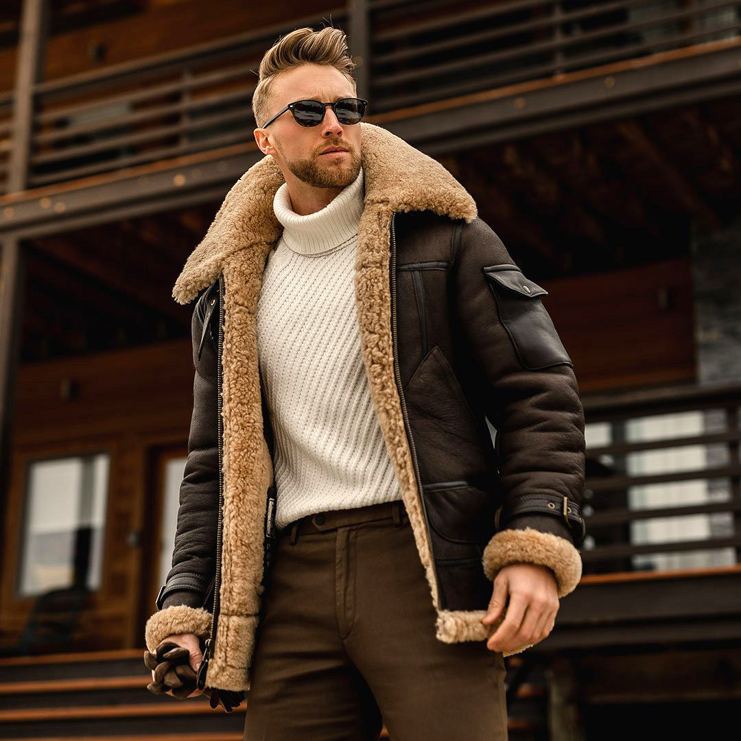 Norvielle Herren Pilotenjacke Imitationsschafsfell Futter