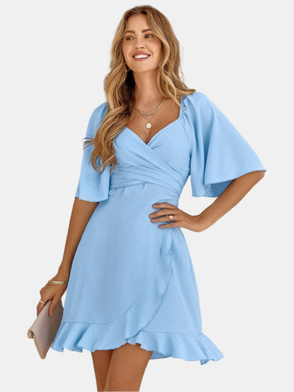 Damen Wickelkleid Midi Leichtblau Volant-Saum Flatterärmel - Norvielle