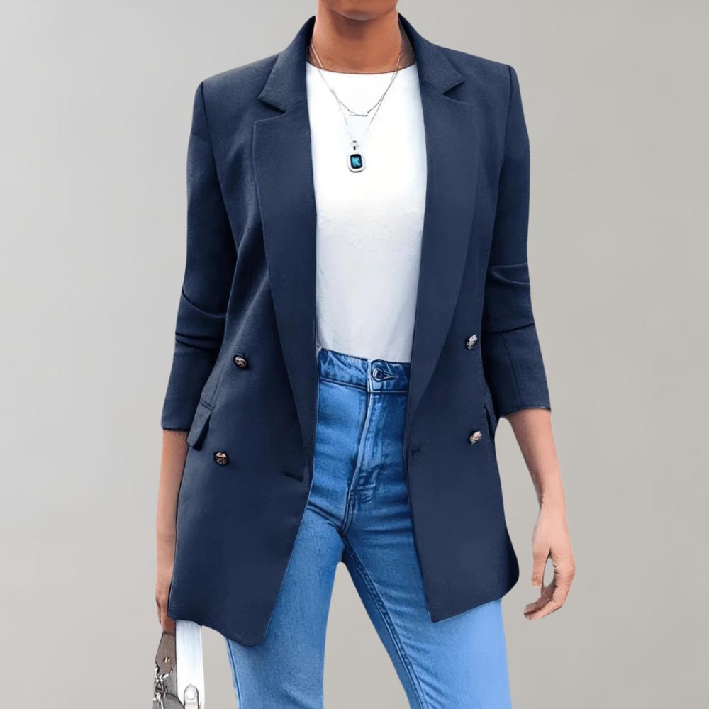 Eleganter Damen Langblazer Doppelknopf Klassiker Schwarz - Norvielle