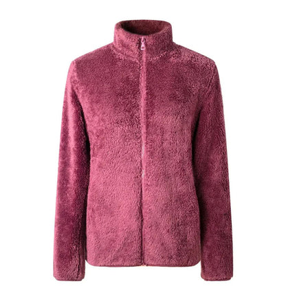 Damen Teddy-Fleecejacke Stehkragen Reißverschluss Warm Beige