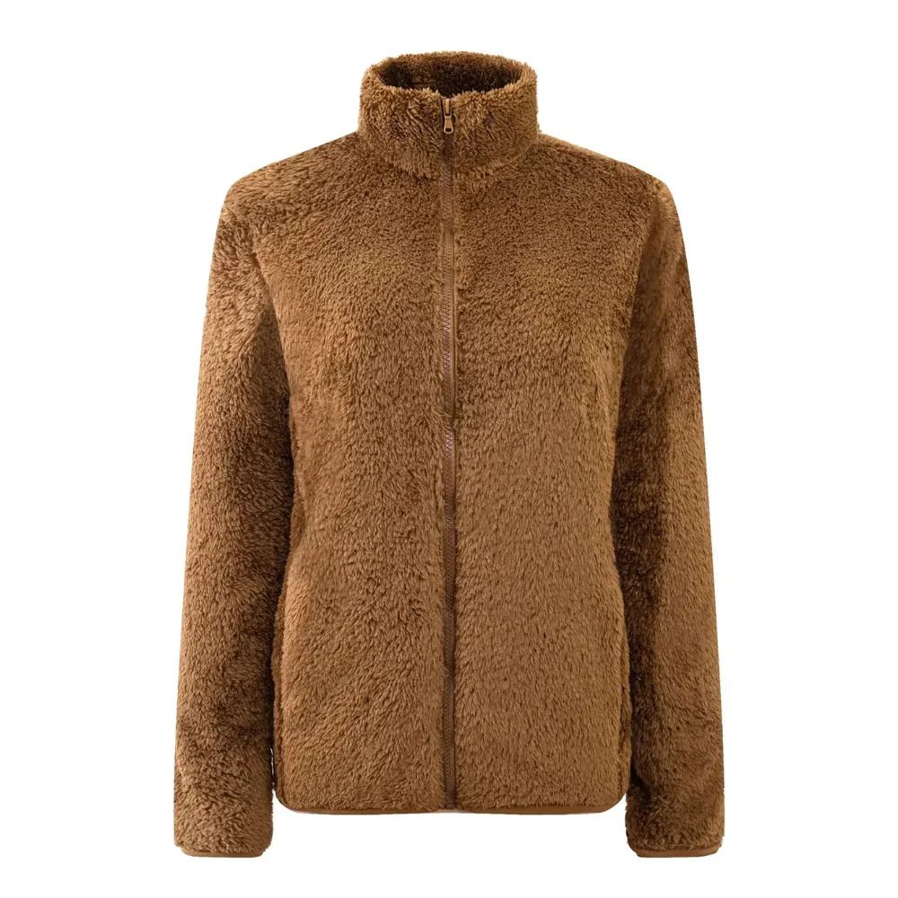 Damen Teddy-Fleecejacke Stehkragen Reißverschluss Warm Beige