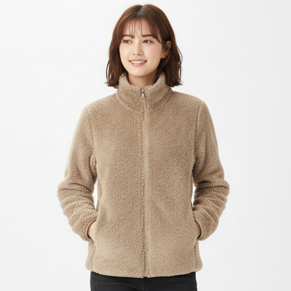 Damen Teddy-Fleecejacke Stehkragen Reißverschluss Warm Beige - Norvielle
