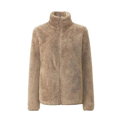 Damen Teddy-Fleecejacke Stehkragen Reißverschluss Warm Beige