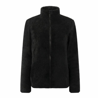 Damen Teddy-Fleecejacke Stehkragen Reißverschluss Warm Beige
