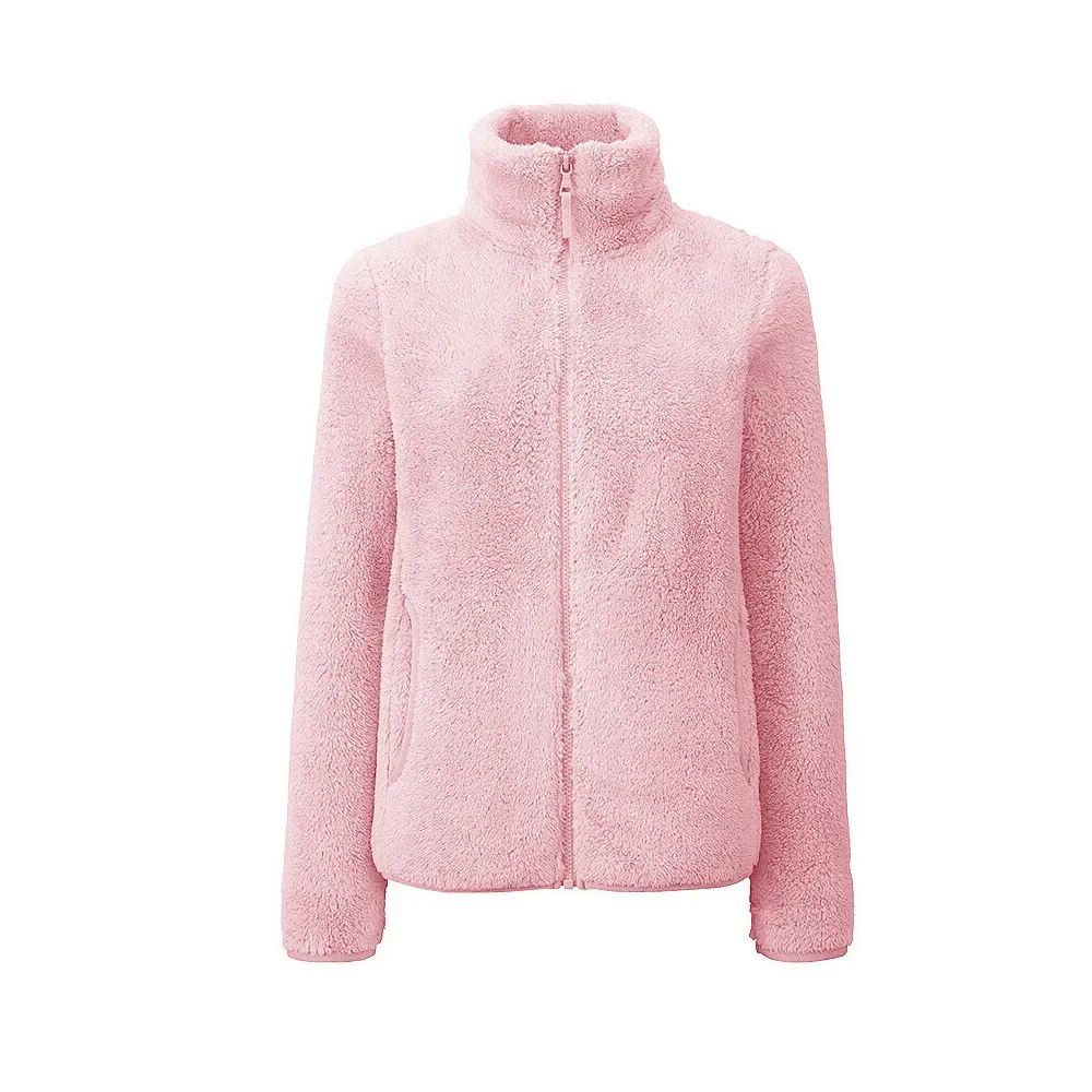 Damen Teddy-Fleecejacke Stehkragen Reißverschluss Warm Beige
