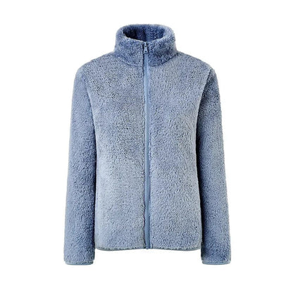 Damen Teddy-Fleecejacke Stehkragen Reißverschluss Warm Beige