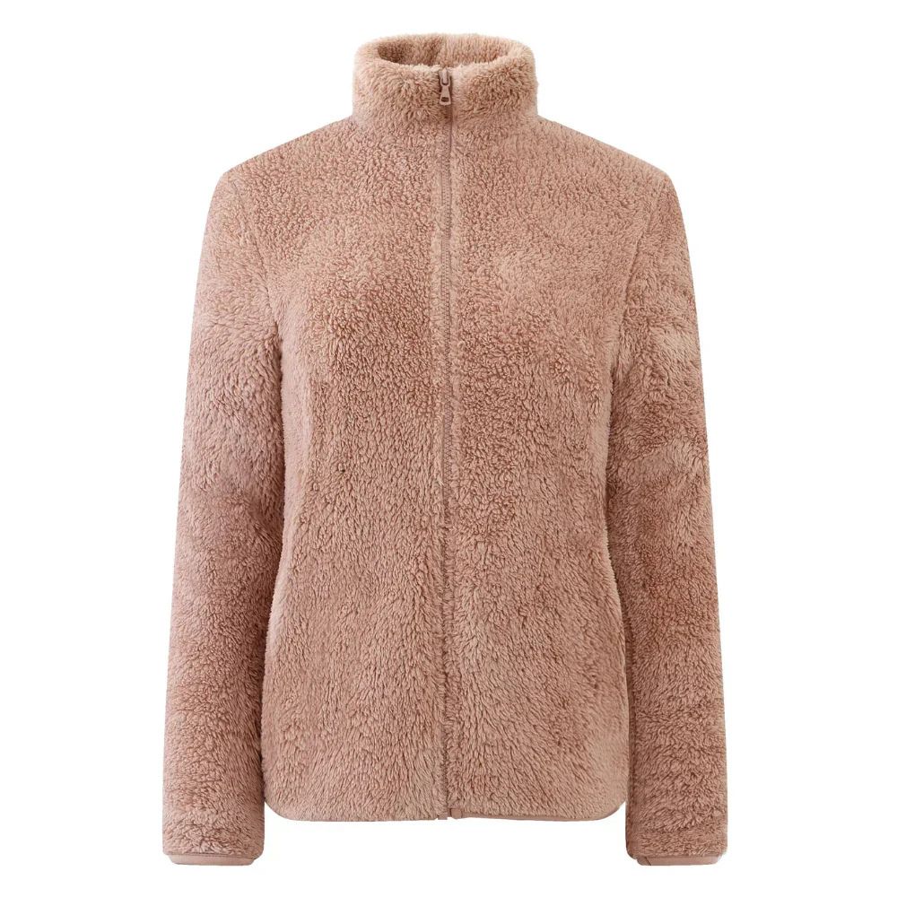 Damen Teddy-Fleecejacke Stehkragen Reißverschluss Warm Beige