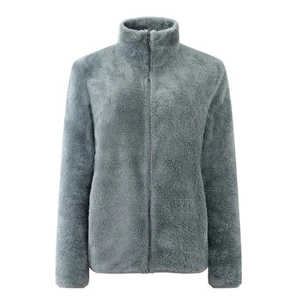 Damen Teddy-Fleecejacke Stehkragen Reißverschluss Warm Beige