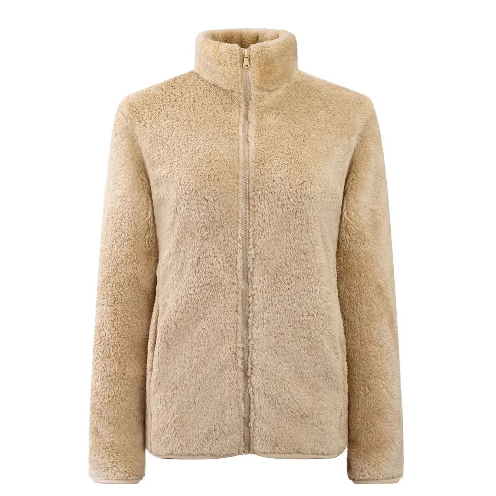 Damen Teddy-Fleecejacke Stehkragen Reißverschluss Warm Beige