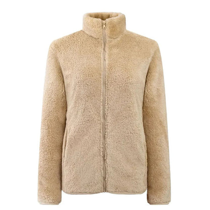 Damen Teddy-Fleecejacke Stehkragen Reißverschluss Warm Beige
