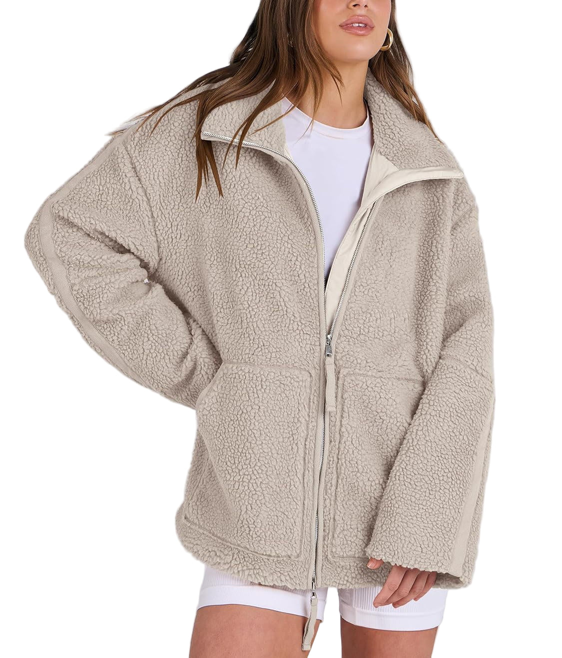 Damen Fleecejacke Oversize Warm Teddyjacke Reißverschluss Schwarz - Norvielle