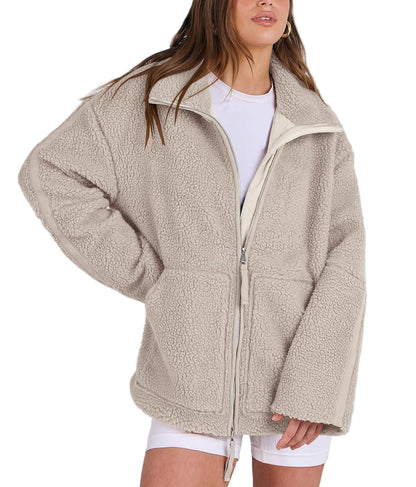 Damen Fleecejacke Oversize Warm Teddyjacke Reißverschluss Schwarz - Norvielle