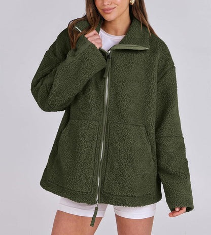 Damen Fleecejacke Oversize Warm Teddyjacke Reißverschluss