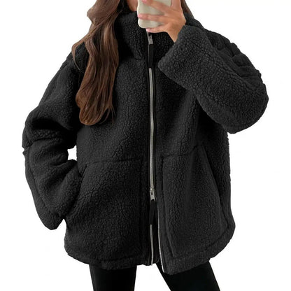 Damen Fleecejacke Oversize Warm Teddyjacke Reißverschluss