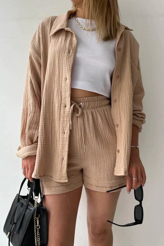 Damen Oversize Hemd Shorts Set Musselin Beige