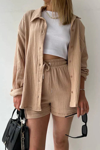 Damen Oversize Hemd Shorts Set Musselin Beige