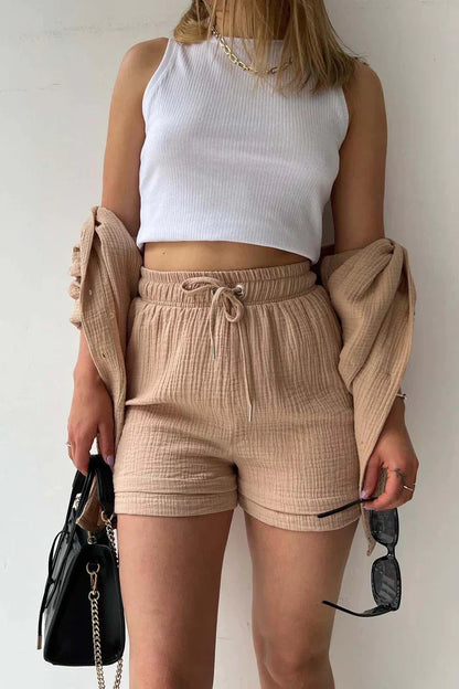 Damen Oversize Hemd Shorts Set Musselin Beige