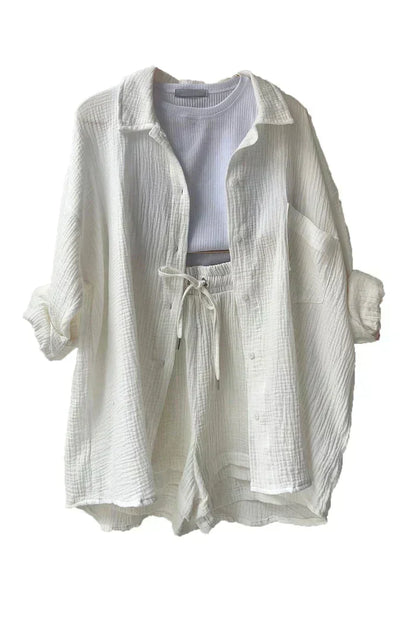 Damen Oversize Hemd Shorts Set Musselin Beige