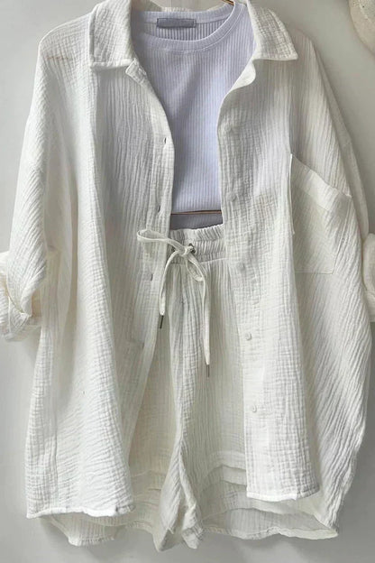 Damen Oversize Hemd Shorts Set Musselin Beige