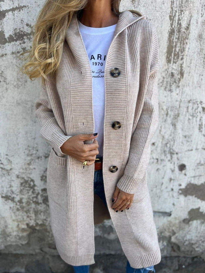 Damen Cardigan Strick Kapuze Lässig Beige - Norvielle
