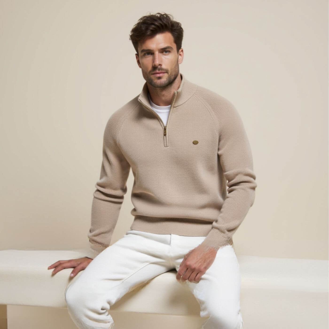 Herren Strickpullover Halbzip Merino Frühling Beige