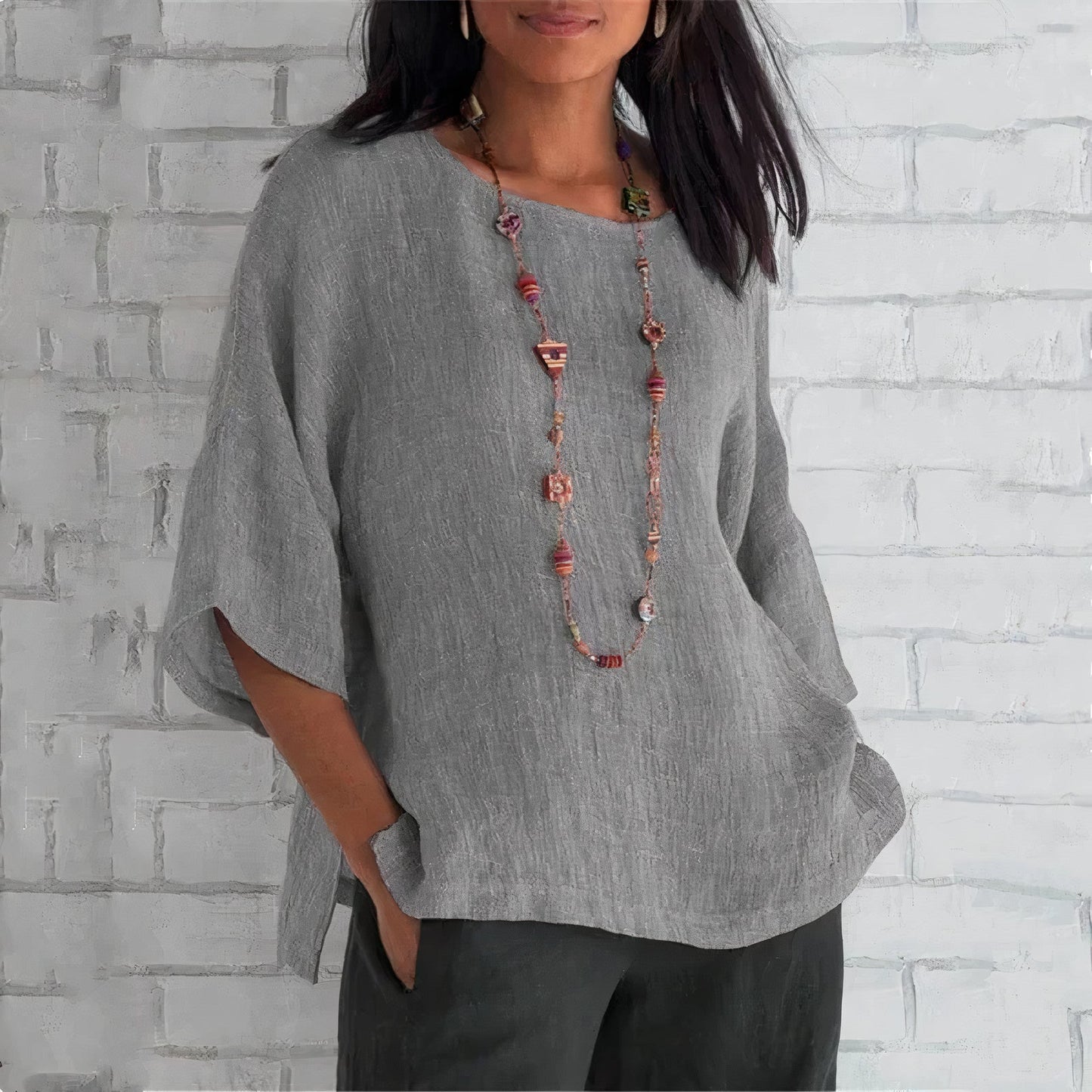 Damen Leinenbluse Rundhals Weit Sommerlich Beige