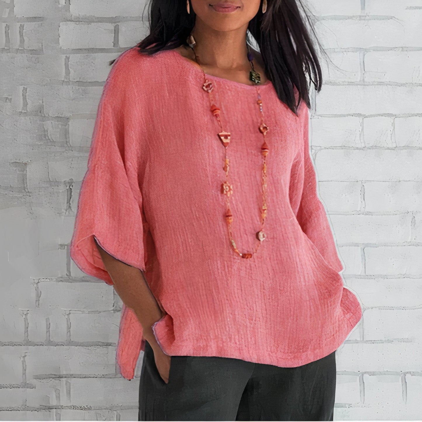 Damen Leinenbluse Rundhals Weit Sommerlich Beige - Norvielle