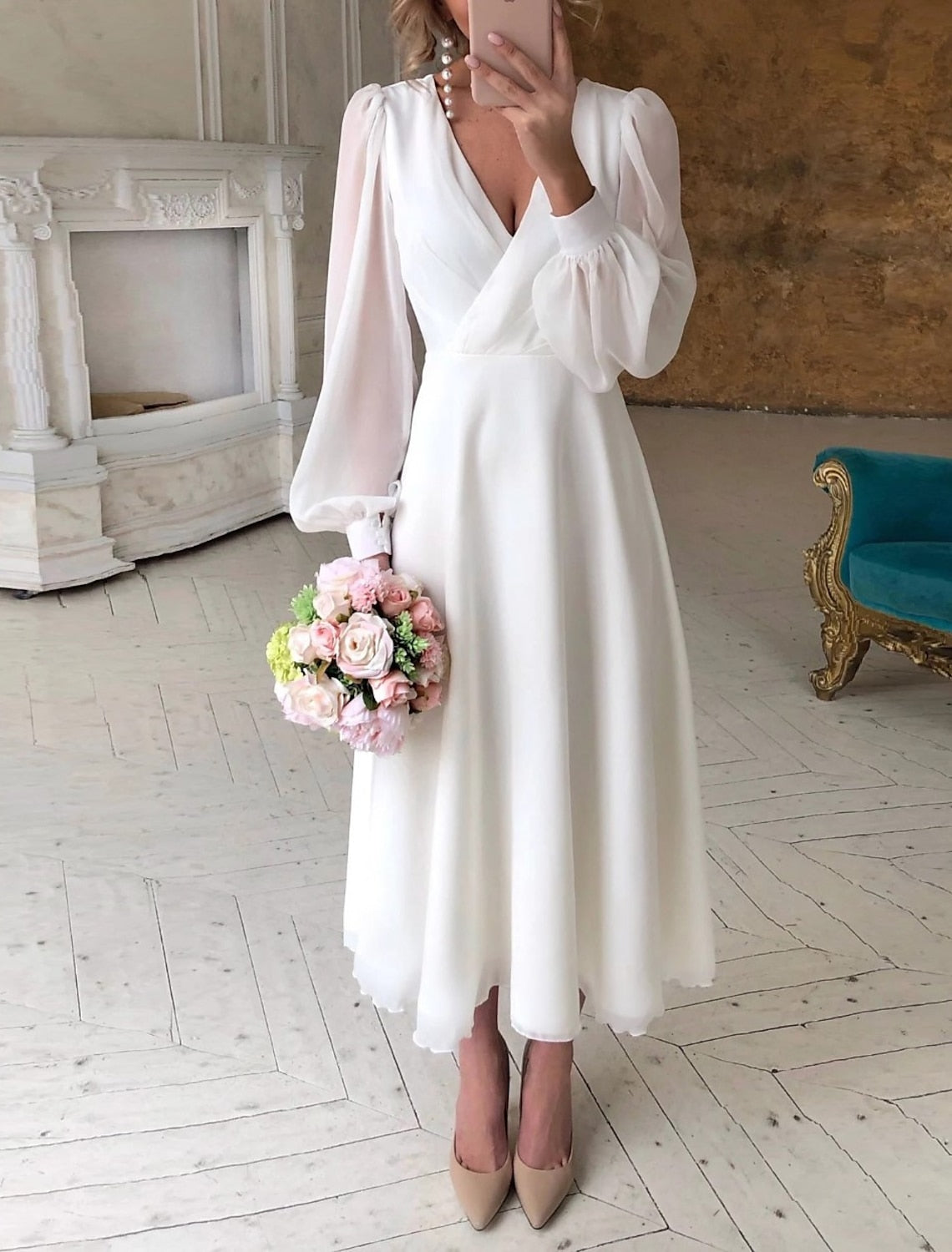 Damen Klassisches Brautkleid Langarm Fließend - Norvielle
