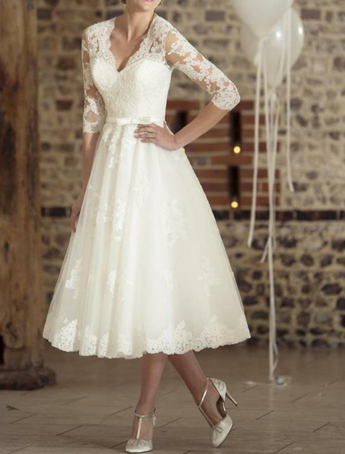 Damen Hochzeitskleid Spitze Midi-Länge Weiß - Norvielle