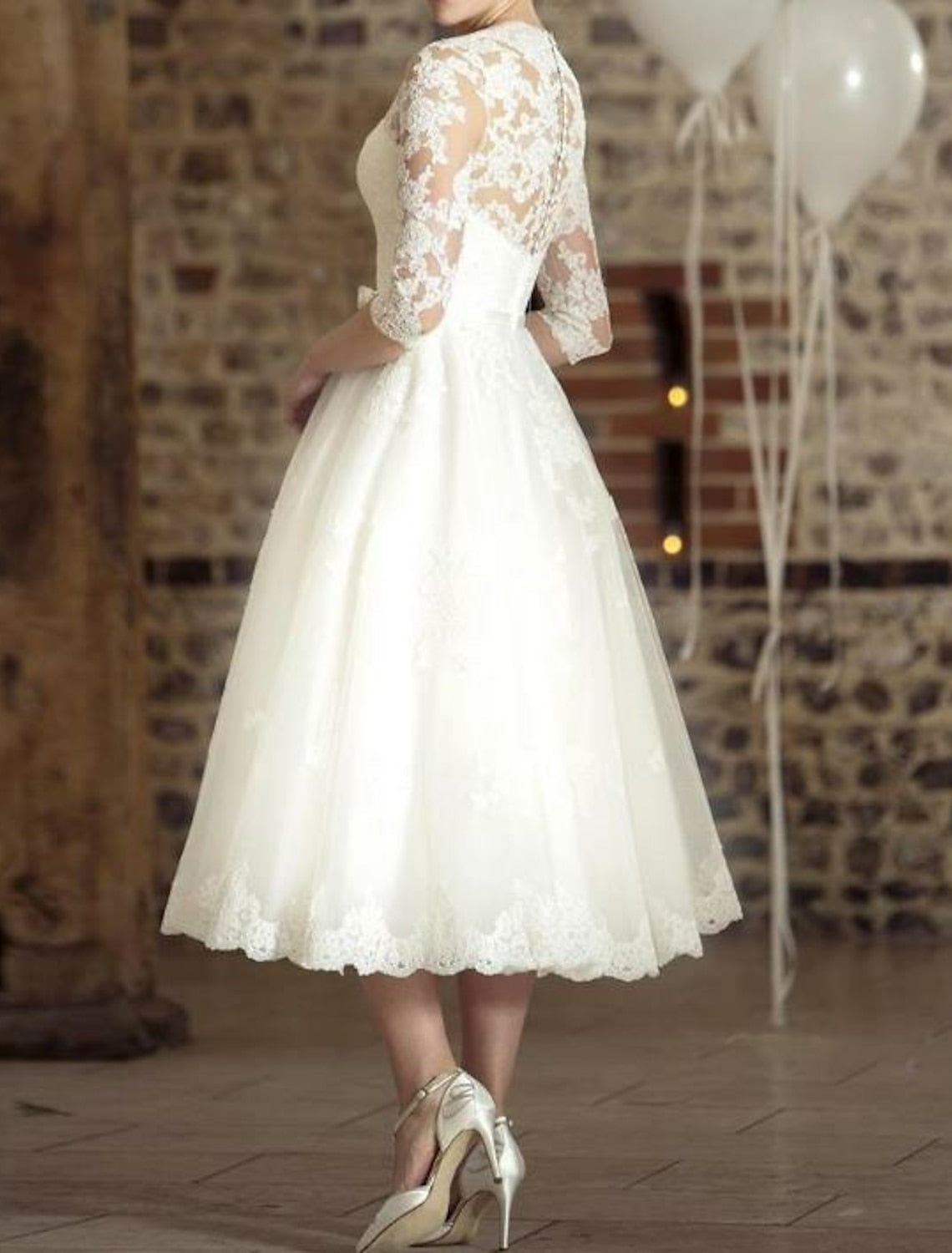 Damen Hochzeitskleid Spitze Midi-Länge Weiß