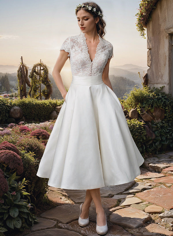 Damen Hochzeitskleid Spitzen V-Ausschnitt Midi Weiß - Norvielle