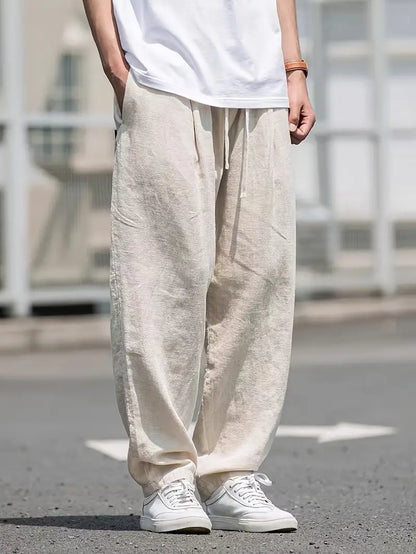 Leinenhose Damen Locker Geschnitten Kordelzug Beige - Norvielle