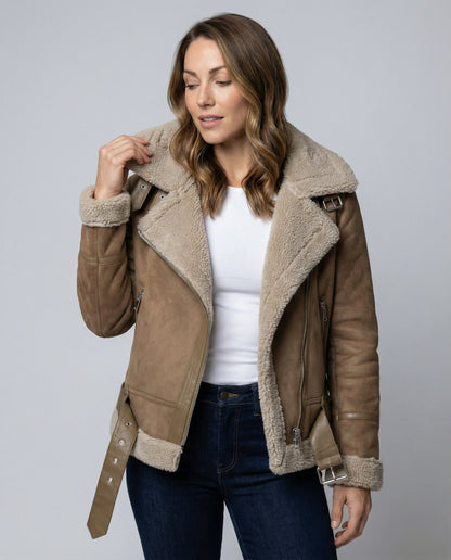 Damen Wildlederjacke Sherpa-Futter