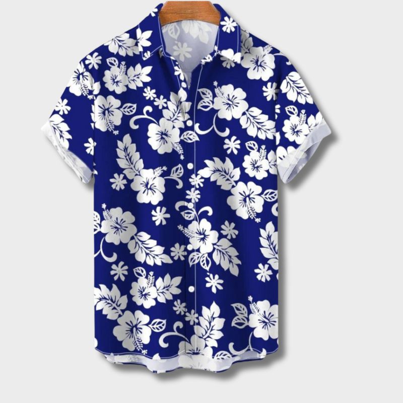Hawaiianisches Kurzarmhemd Floralmuster Baumwolle Blau - Norvielle