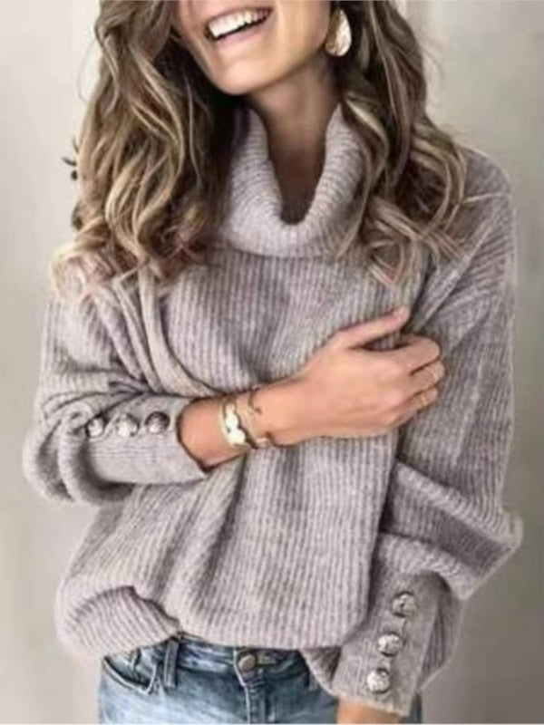 Damen Rollkragenpullover Strukturstrick Zierknöpfe