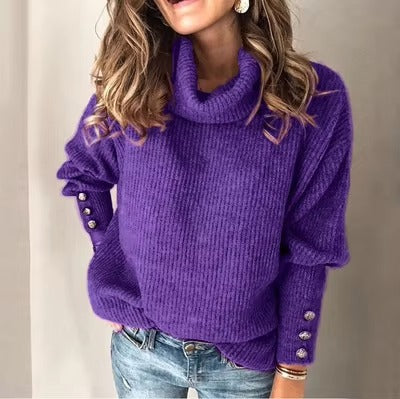 Damen Rollkragenpullover Strukturstrick Zierknöpfe