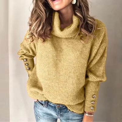 Damen Rollkragenpullover Strukturstrick Zierknöpfe
