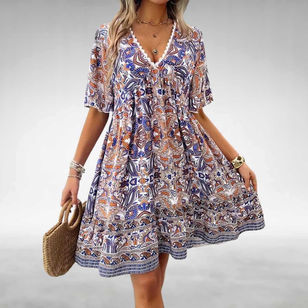 Boho-Kleid Damen V-Ausschnitt Ethnisches Muster Kurz