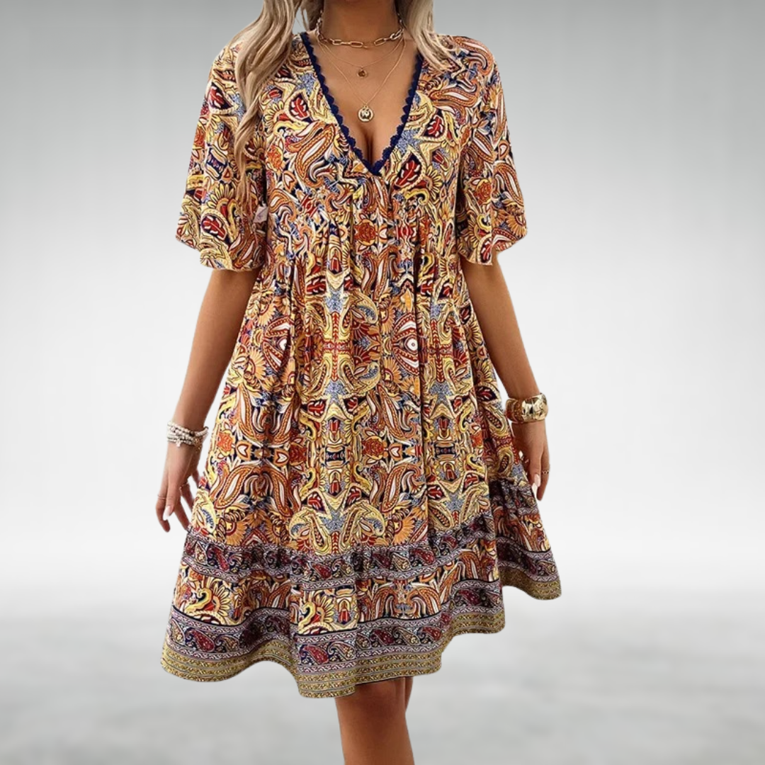 Boho-Kleid Damen V-Ausschnitt Ethnisches Muster Kurz