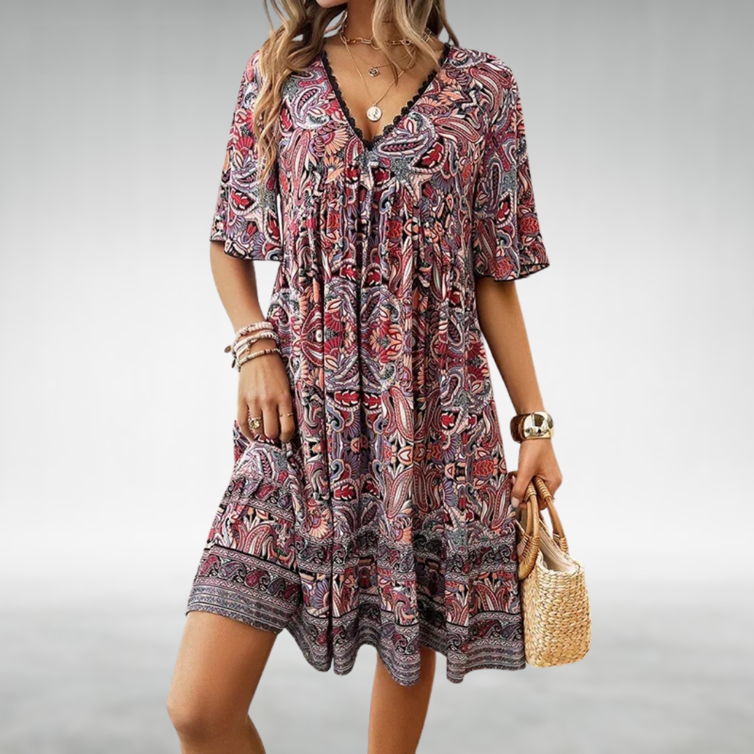 Boho-Kleid Damen V-Ausschnitt Ethnisches Muster Kurz
