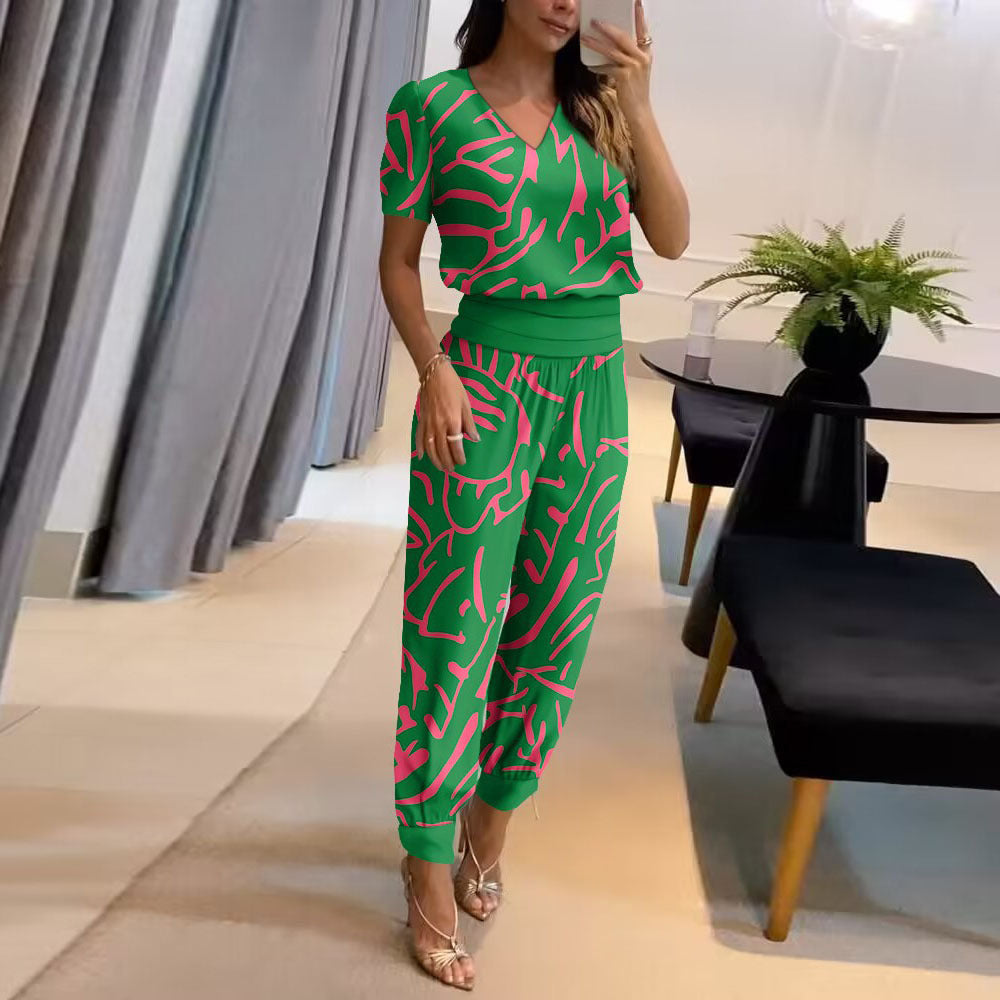 Damen Sommer Zweiteiler Moderner Print V-Ausschnitt