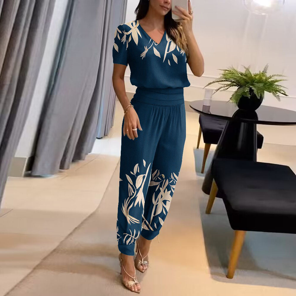 Damen Sommer Zweiteiler Moderner Print V-Ausschnitt