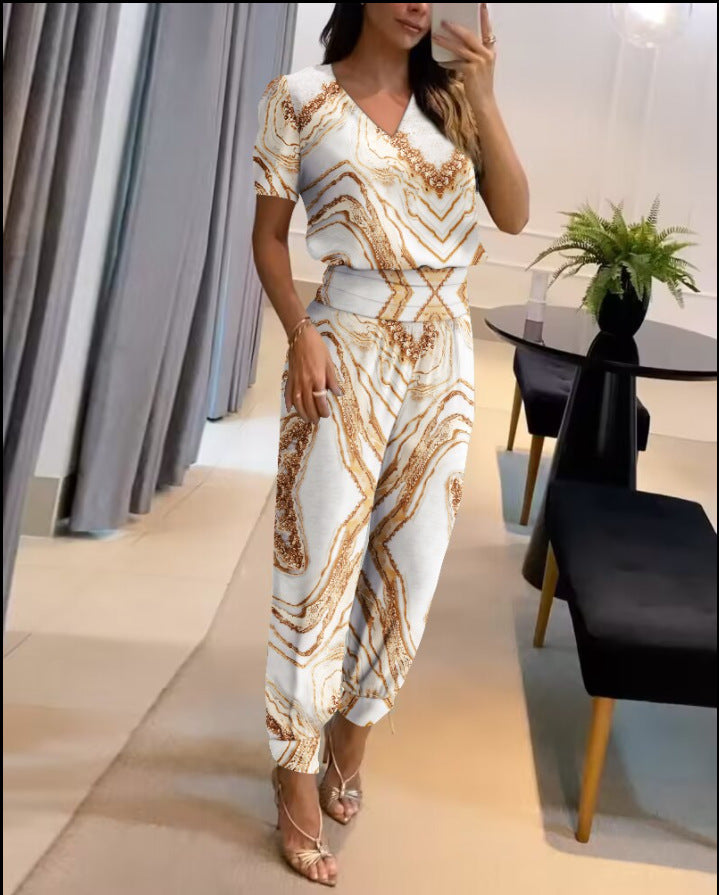 Damen Sommer Zweiteiler Moderner Print V-Ausschnitt