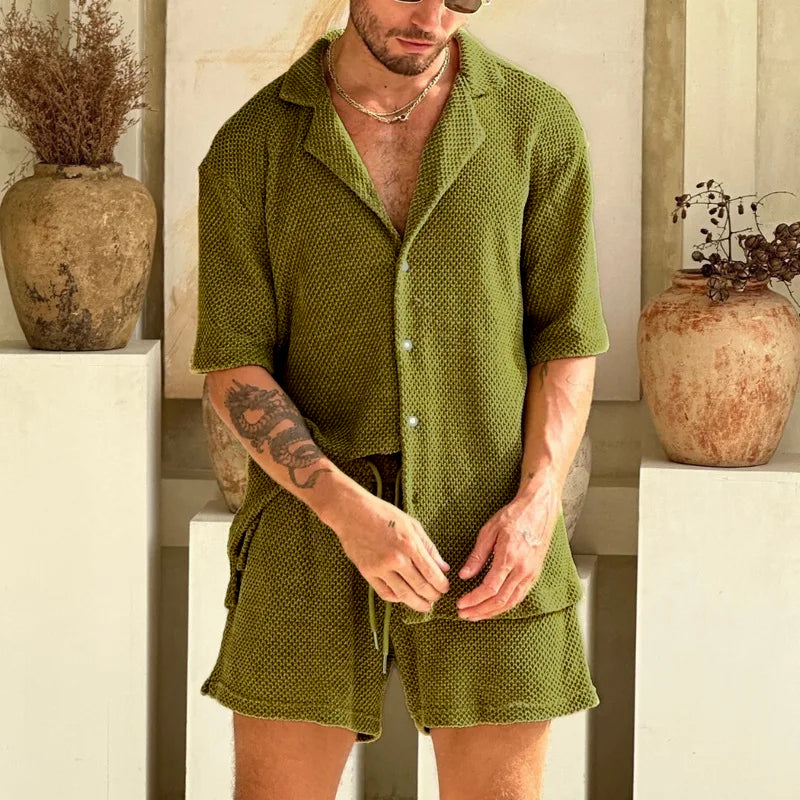 Herren Waffelstrick Set Hemd und Shorts